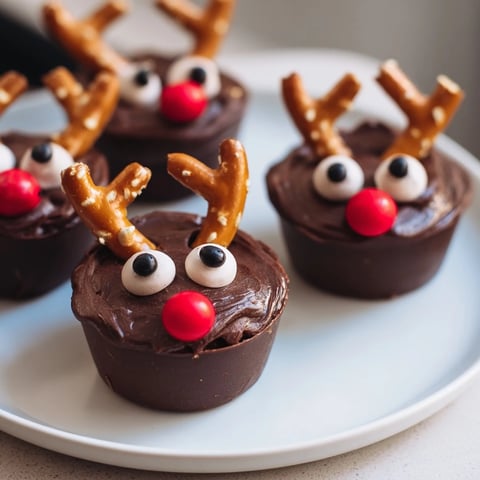 Chocolate Reindeer Pudding Cups arranged on a board with cookies, strawberries, and marshmallows for the holidays.