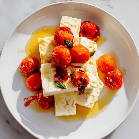 Creamy, baked feta 2.0 with honey features roasted tomatoes and pasta, ready to eat.