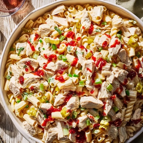 Golden, creamy Chicken Macaroni Holiday Salad, showcasing a classic Southern recipe, ideal for potlucks.