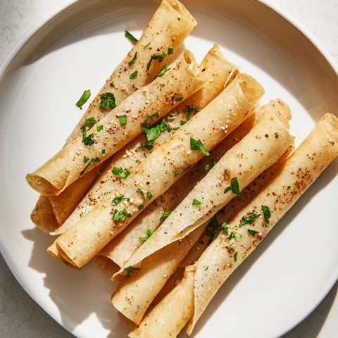Crispy garlic lumpia chips glistening with oil, a perfect vegan snack, ready to eat.