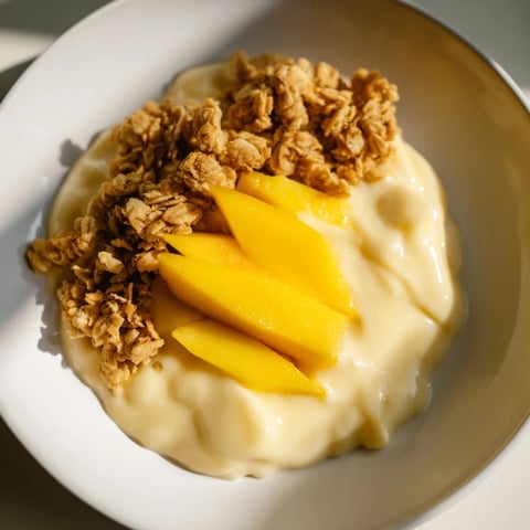 Creamy Mango Blended Overnight Oats, ready to eat, topped with golden granola and fresh mango, a healthy breakfast.