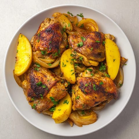 A close-up of a sheet pan German-Style Chicken, featuring crispy chicken and caramelized onions ready to eat.