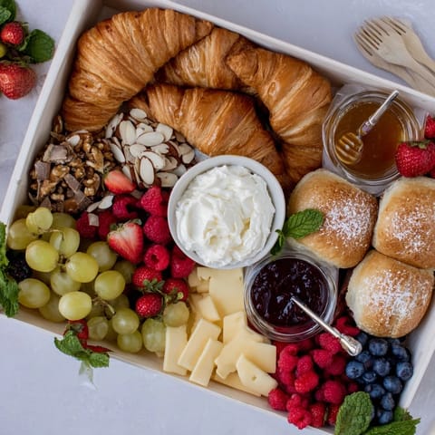 This Gift Box Brunch Board Delight shows a delicious arrangement: brie, berries, and mini croissants.