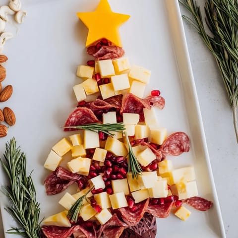 This beautifully arranged Christmas Tree Charcuterie Dream features savory cured meats, creamy cheeses, and fresh fruits.