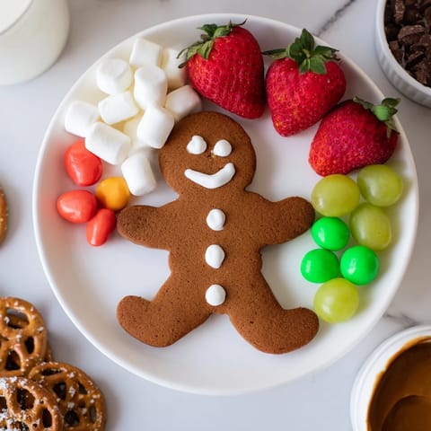 Festive gingerbread man cookies star on this dessert board, alongside chocolate and marshmallows.