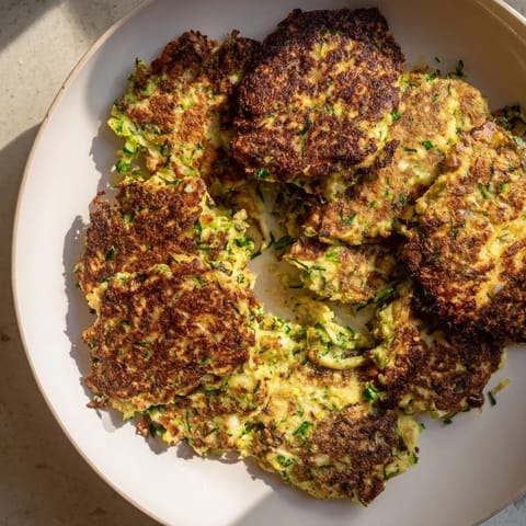 Golden High-Protein Chicken Zucchini Fritters, a healthy main dish with visible herbs and shredded chicken.