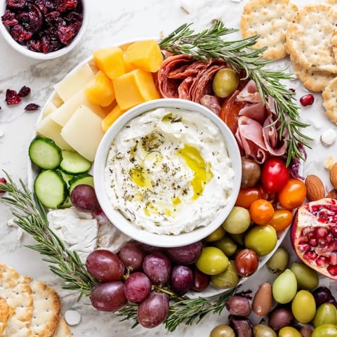 The festive Evergreen Wreath Board arranged with cheeses, olives, and fresh herbs looks delicious and inviting.