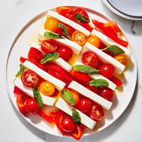 Festive Peppermint Stripe Celebration appetizer features fresh strawberries, tomatoes, and mozzarella arranged in stripes.