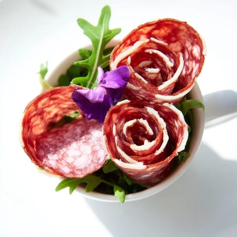 Vibrant salami and pepperoni The Victorian Tea Rose appetizer roses ready for the Victorian-themed tea party.