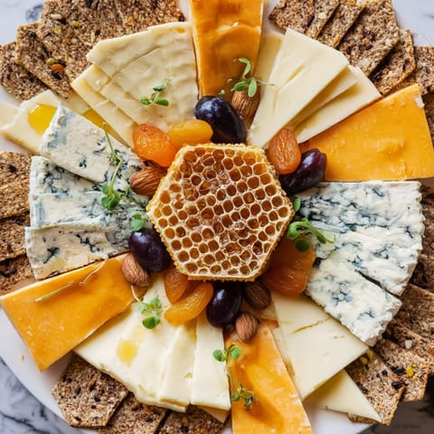 Elegant 'Gilded Hive' cheese board: honeycomb centerpiece surrounded by assorted cheeses and crackers.