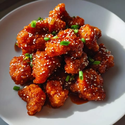 Crispy, golden-brown honey-Sriracha chicken bites, tossed in a sweet and spicy glaze.