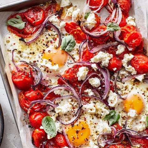 Sheet pan of roasted Tomato Feta Baked Eggs bubbling, with fresh basil and runny egg yolks.