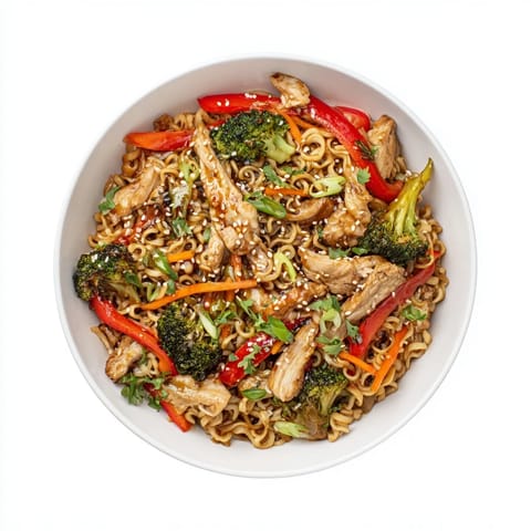 A steaming plate of Spicy Ramen Stir-Fry featuring tender chicken, crisp vegetables, and a fiery sauce.