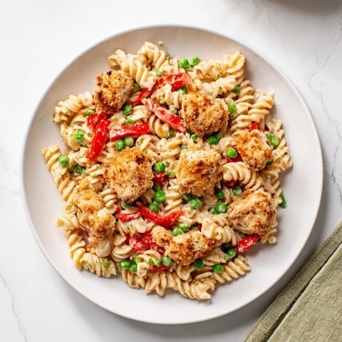 Leckerer Nudelsalat mit knusprigem Hähnchen, cremiger Ranch-Dressing und frischen Erbsen für das Sommerbuffet.