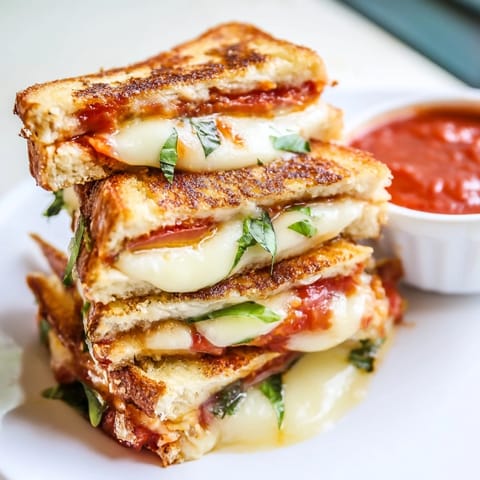 A close-up view of buttery sourdough slices stuffed with melted mozzarella, fresh tomato, and basil.
