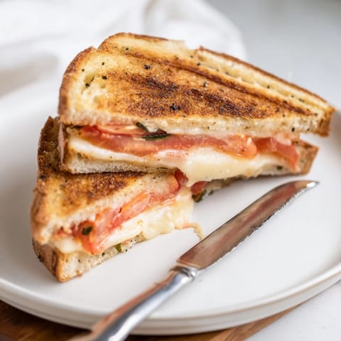 A freshly grilled Pepper Jack & Tomato Grilled Cheese with tomato slices peeking out, ready to eat.  