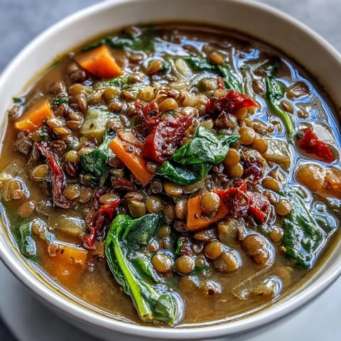 Sättigende Lentil and Vegetable Soup mit buntem Gemüse, mit Sahnestück und Petersilie garniert, ideal für ein US-Essen.
