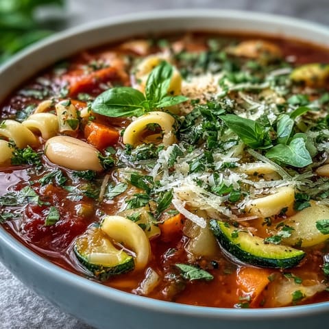 Bubbling pot of Minestrone Vegetable Soup with colorful vegetables and pasta, ready to ladle into bowls.