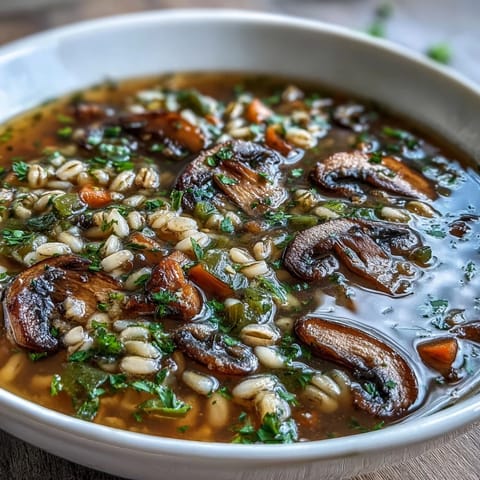 Dampfendes Mushroom and Barley Soup mit saftigen Pilzen und körniger Gerste, garniert mit frischer Petersilie auf einer dunklen Oberfläche.  
