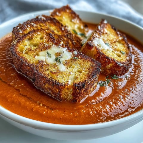 Roasted tomato soup topped with crispy homemade croutons garnished with fresh thyme for extra flavor.