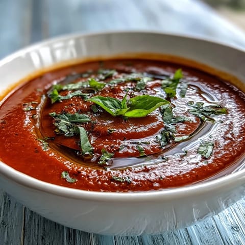 Tomato and Basil Soup in tiefer Schüssel, serviert mit knusprigem Brot für den perfekten Dip.