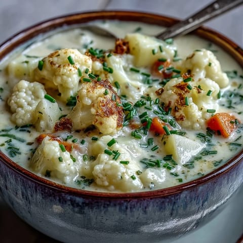 Serving of Vegetarian Cauliflower Chowder with crusty bread, ready to enjoy.
