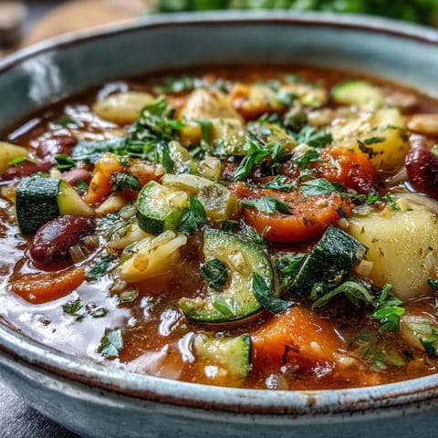 A rustic bowl of Minestrone Vegetable Soup topped with fresh parsley and Parmesan, served alongside crusty artisan bread for dipping.