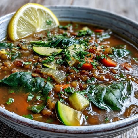 Steaming bowl of homemade Lentil Soup served with lemon wedges and crusty bread. 