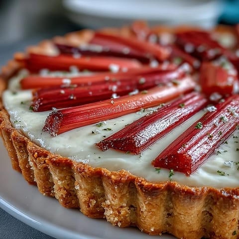 Ein löffelvoll Rhubarb, White Chocolate, and Elderflower Tart mit cremiger Füllung und gebratener Rhabarberstücken