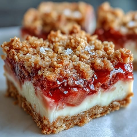 Fresh Rhubarb and Custard Crumble Bars served on a ceramic plate with a cup of tea nearby.