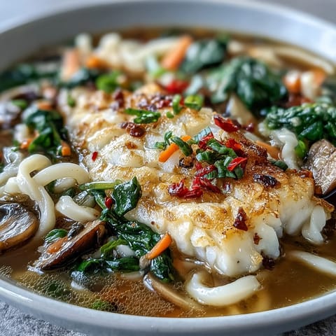 Pochierter Kabeljau mit Kokosbrühe Udon #234