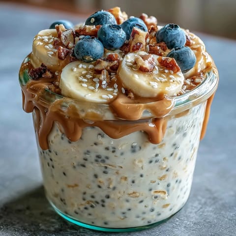 Spoonsful of High-Protein Peanut Butter Overnight Oats topped with fresh blueberries and a honey drizzle on a rustic table.