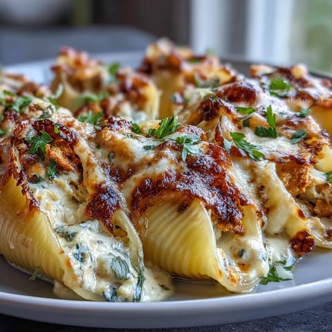 Creamy pumpkin and smoked Gouda stuffed pasta shells served on a white plate.