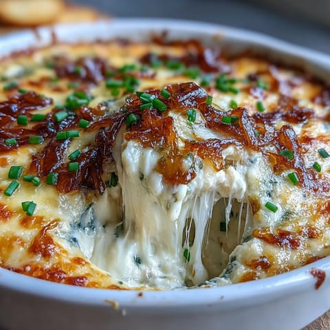 Smoked Gouda & Onion Dip blubbert golden aus dem Ofen mit knusprigen Gemüsestiften.