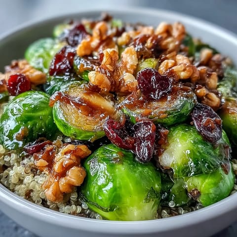Roasted Brussels sprouts bowl with caramelized sprouts over fluffy quinoa, topped with toasted nuts, cranberries, and a balsamic drizzle.  
