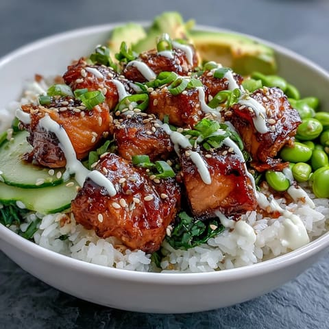 Leckere Salmon Rice Bowl mit frischen Zutaten und einer scharfen Sriracha-Mayo-Kremsauce.