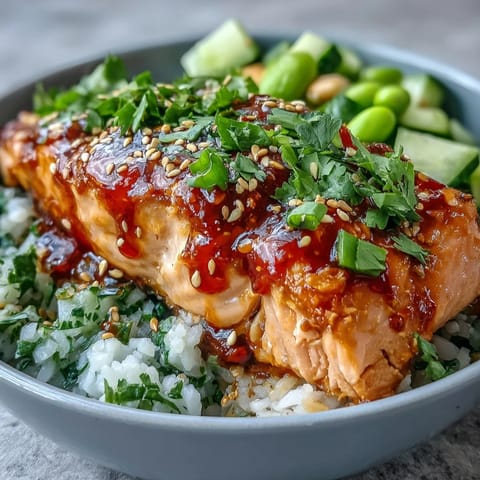 Lush bang bang salmon bowl, drizzled with creamy spicy sauce and topped with fresh herbs.