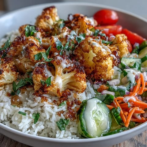 Herzhafte Roasted Cauliflower Bowl auf fluffigem Reis mit Tomaten, Gurken, Karotten und glasierter Tahini-Sauce.