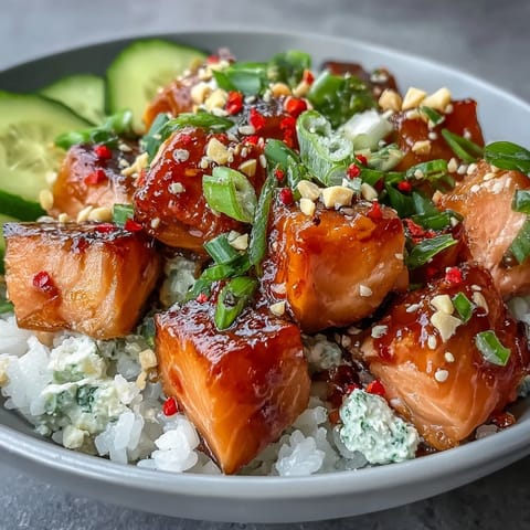 Frischer Avocado Salmon Bowl mit flakigem Lachs, cremiger Avocado und knusprigen Erdnüssen auf Reisbasis.