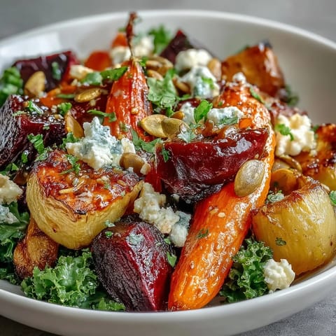 Abgerundete Schüssel mit gerösteten Wurzelgemüsen wie Karotten, Pastinaken und Süßkartoffeln auf Grünzeug.