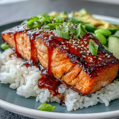 Honey Sriracha Salmon Bowl mit knusprigem Lachs, Jasminreis, Avocado und einer scharfen Sriracha-Mayo im Schälchen.  
