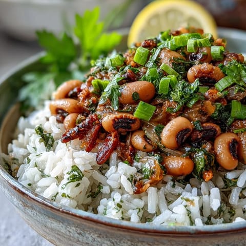 Cremiges Hoppin John aus schwarzaugigen Erbsen und Gemüse, gewürzt mit Rauchpaprika und mit grünem Zwiebelring garniert.