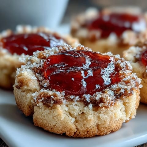 Freshly baked Guava Jam Thumbprint Cookies served with a glass of milk for dunking.