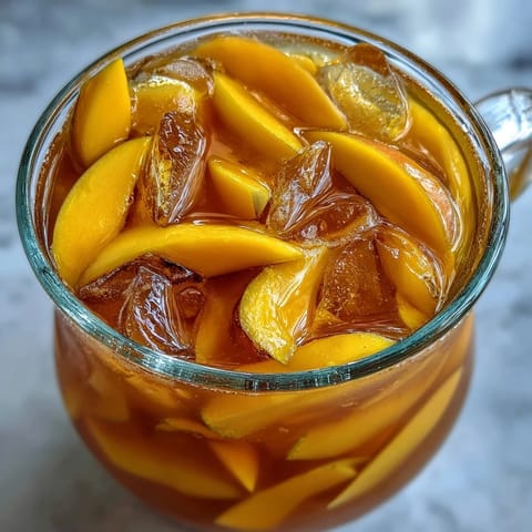 Ein erfrischendes Mango Iced Tea in einem eiskalten Glas mit Eiswürfeln, Garnitur aus frischen Mangoscheiben.