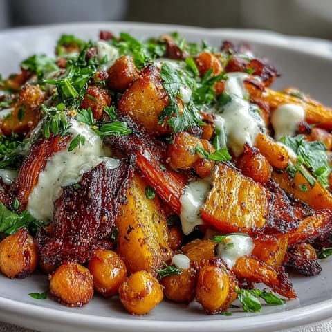 Golden roasted carrots and crispy chickpeas in a One-Pan Roasted Carrot and Chickpea Bowl, ready to serve with lemon-tahini sauce