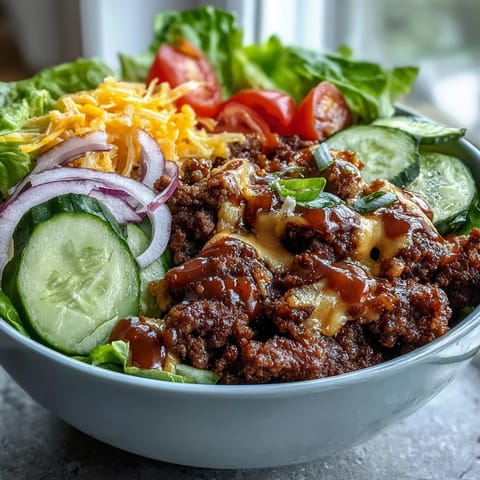 Hearty High-Protein Cheeseburger Bowls topped with cherry tomatoes, dill pickles, red onion and melty cheese, ready for a quick lunch.