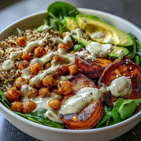 Ein leckerer Anti-Inflammatory Glow Bowl with Tahini Yogurt mit knusprigen Süßkartoffeln und Quinoa.