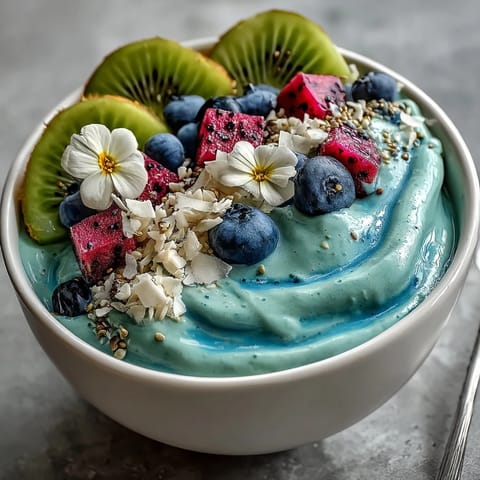 Healthy Mermaid Smoothie Bowl in a blue bowl, garnished with coconut flakes and edible flowers.