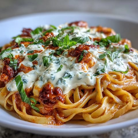 Köstliche Cremige Rote-Pfeffer-Pasta mit Burrata & Kräutern mit glänzender Sauce, serviert mit goldenen Nudeln und Basilikumblättern.
