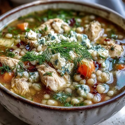 Greek Chicken & Pearl Couscous Soup topped with crumbled feta and fresh dill, served from a rustic pot.